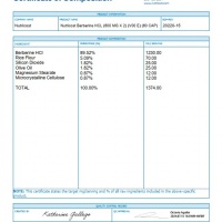 NUTRICOST- GIẤY CHỨNG NHẬN THÀNH PHẦN CỦA BERBERINE HCL