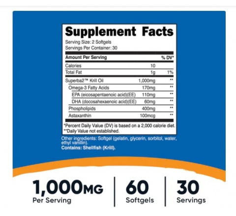 KRILL OIL -OMEGA 3 (1000MG - 60 SOFTGELS) - Omega 3 DẦU TÔM NHUYỄN THỂ- Hổ Trợ Não, Tim Mắt